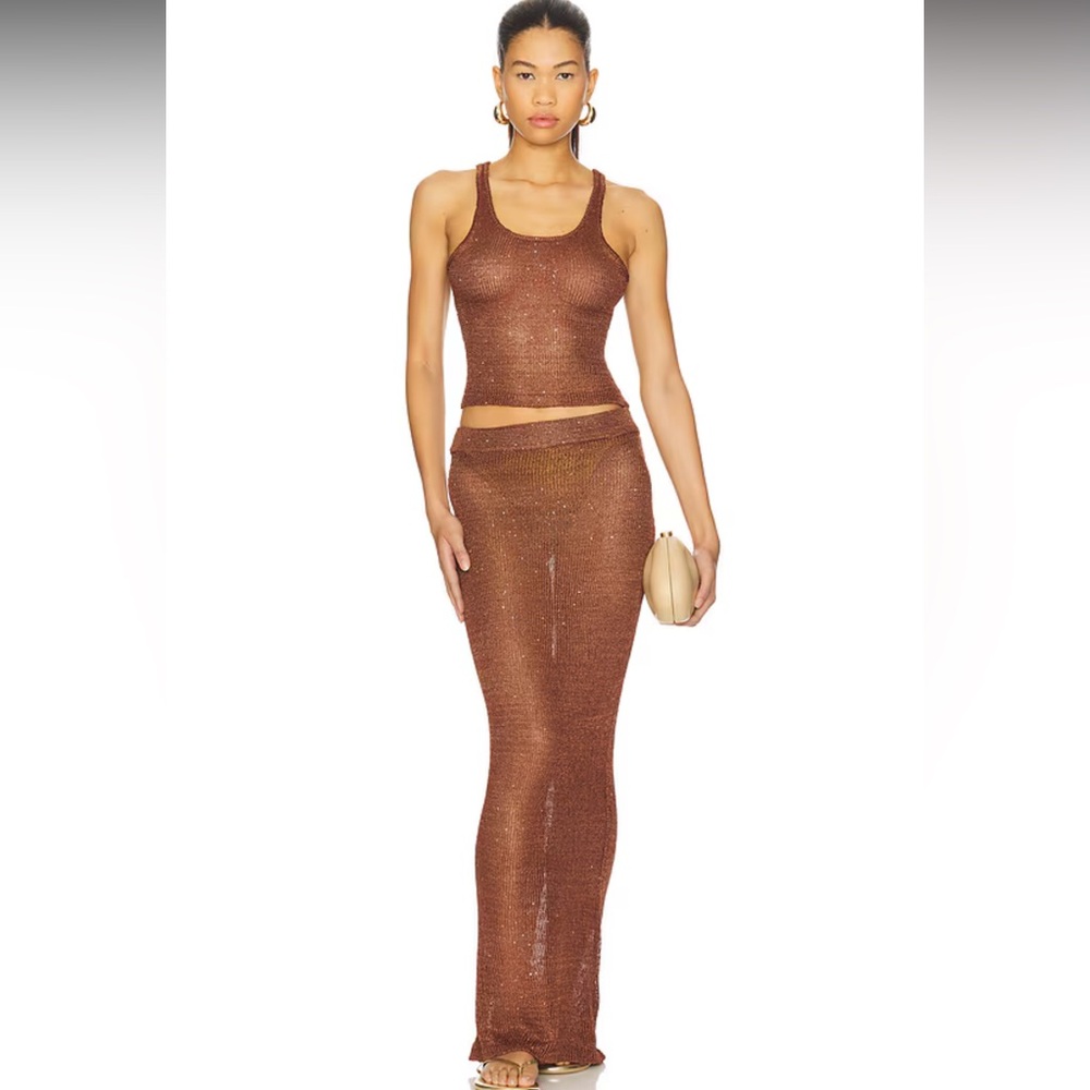 Brown crochet semi Sheer Two-Piece skirt Set